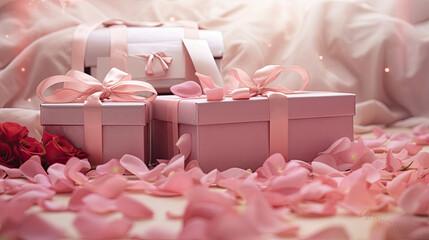 Gift Boxes on Rose Petals in Romantic Pink - obrazy, fototapety, plakaty