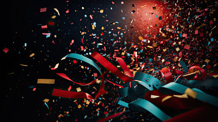 Fototapeta premium Colorful burst of confetti streamers on red background
