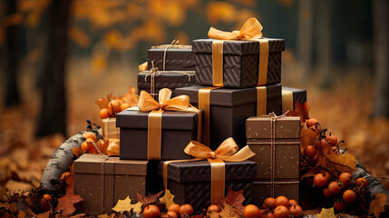 Gift boxes in autumn leaves warm earthy tones
