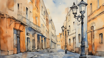 Watercolor drawing on the road in the old town - obrazy, fototapety, plakaty