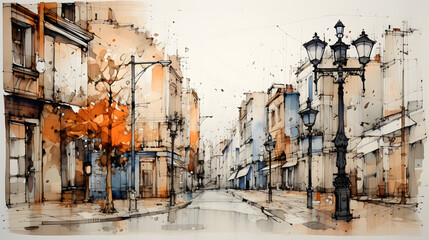 Watercolor drawing on the road in the old town - obrazy, fototapety, plakaty