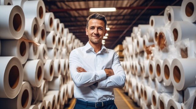 Businessman standing near large paper spools in printing plant.