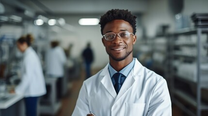 Black young man wearing lab coat working in workshop of pharmaceutical factory.