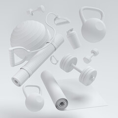 Isometric view of sport equipment like kettlebell, dumbbell and smart watches