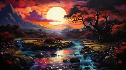  a painting of a sunset over a river with rocks and trees.  generative ai