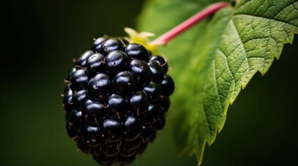  a close up of a black berry on a green leaf.  generative ai