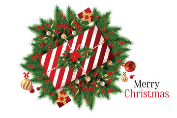 Realistic merry christmas day background with golden balls gift box and happy new year decorative celebration.