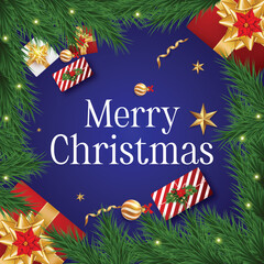 Realistic merry christmas day background with golden balls gift box and happy new year decorative celebration.