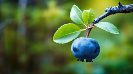  a close up of a blueberry on a tree branch.  generative ai