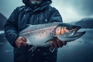 Salmon in fishermans hands in Alaskan wilderness. Generative Ai