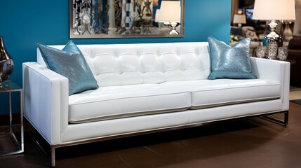 a crisp, spotless white leather sofa, complete with shiny chrome details and a sleek, no-nonsense design.