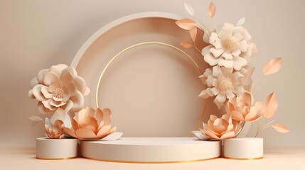 3d rendered geometric shapes, podium with flowers and leaves in paper art style. Platforms for product presentation, mock up background. Abstract composition in minimal design, pastel and gold colors
