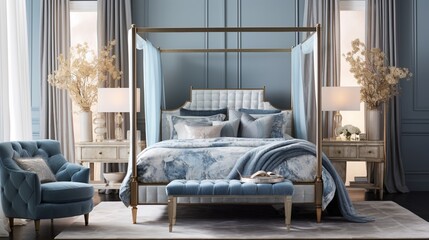 a sea of tranquility with a blue canopy bed frame. Velvet drapes and crystal accents transform your bedroom into a serene escape.