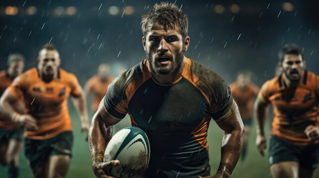 Rugby sportsman players with ball in action at stadium. - Powered by Adobe