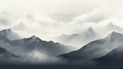  a black and white photo of a mountain range with clouds.  generative ai