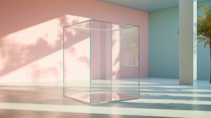 An empty floating glass frame suspended in a sunlit room with pastel walls.