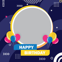 Happy birthday social media post, squire banner template with balloons and abstract elements.