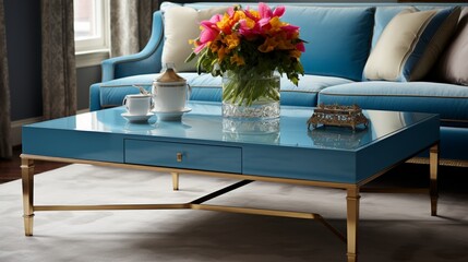 Add a pop of color to your living room with a chic blue lacquered coffee table. Gold accents and a mirrored top bring a touch of luxury.