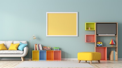 A children's room with vibrant walls and a blank frame awaiting artwork.