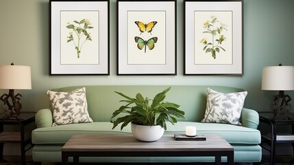 Adorn your walls with a symmetrical arrangement of framed botanical prints, bringing nature indoors.