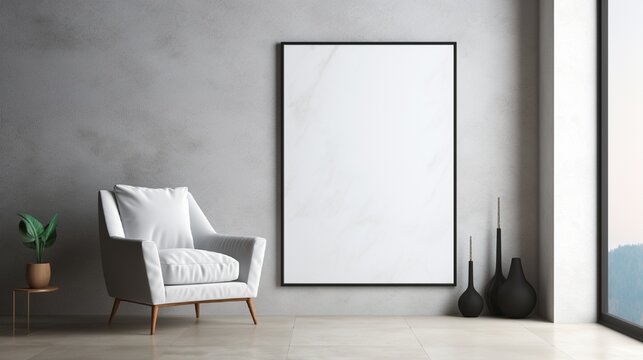 A contemporary room with a tall empty frame leaning against a marble wall.