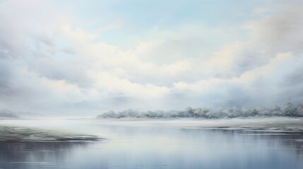 Naklejka na ściany i meble a painting of a lake with clouds in the sky above it. generative ai