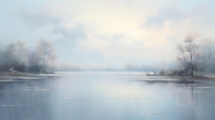  a painting of a lake with trees in the distance and clouds in the sky.  generative ai