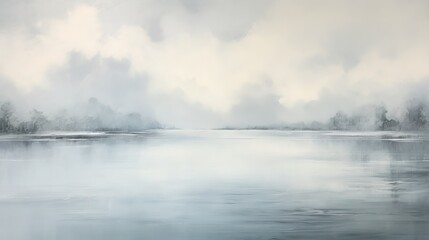  a painting of a body of water with trees in the background.  generative ai