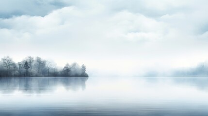 Fototapeta premium a foggy lake with trees in the distance and clouds in the sky. generative ai