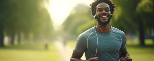 African American man during a walk in the summer park to his favorite music. Alone with yourself away from the noise of the big city. - obrazy, fototapety, plakaty