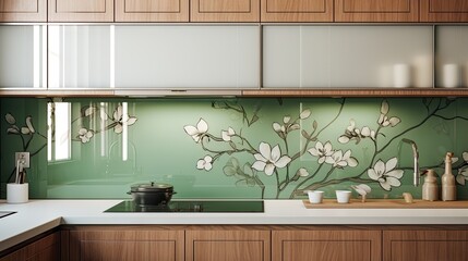  a kitchen with a green backsplash and white flowers painted on the wall.  generative ai