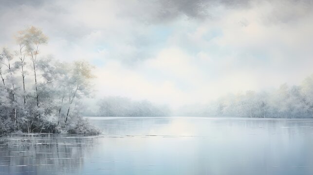  a painting of a lake with trees in the background and a cloudy sky.  generative ai