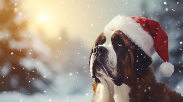 A cute large St. Bernard dog wearing Santa Claus’ hat. Snow is falling from the sky in the hazy winter sunset. Christmas theme, winter landscape. Image for Christmas holidays.
