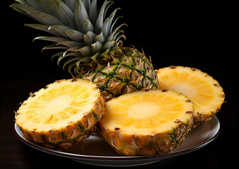 Soczysty ananas w pełnej krasie oraz jego pokrojone plastry. 