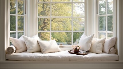 Bay window reading nook with plush cushions. - obrazy, fototapety, plakaty
