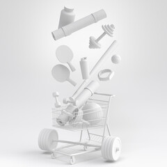 Sport equipment for fitness, gym in shopping cart on monochrome