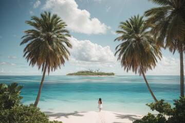 Illustration of paradise landscapes with turquoise sea, white sand, and palm trees. Tropical beaches.