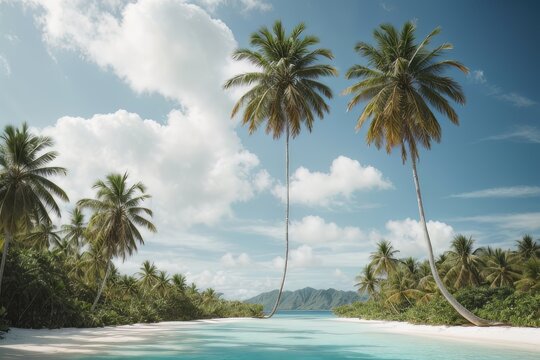Illustration of paradise landscapes with turquoise sea, white sand, and palm trees. Tropical beaches.