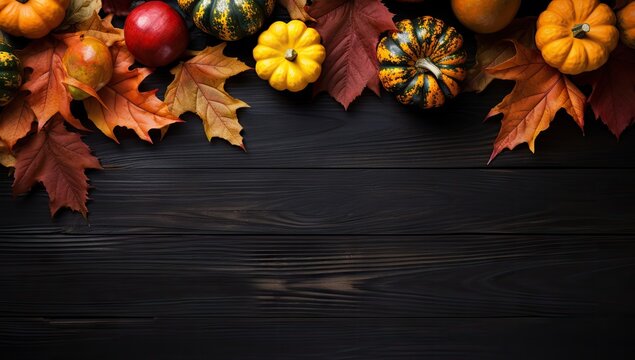 autumn leaves and pumpkins laid out on black background Generative AI