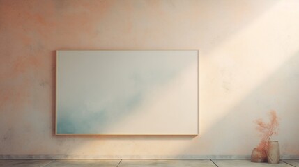 Empty frame against a wall painted with an abstract mural in soft tones.