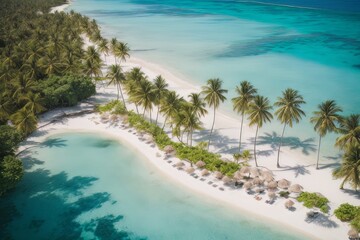Fototapeta na wymiar Illustration of paradise landscapes with turquoise sea, white sand, and palm trees. Tropical beaches seen from a drone.
