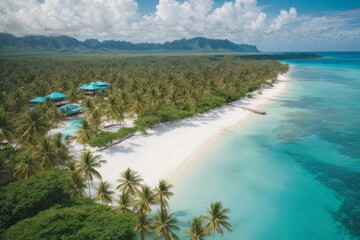 Illustration of paradise landscapes with turquoise sea, white sand, and palm trees. Tropical beaches seen from a drone.