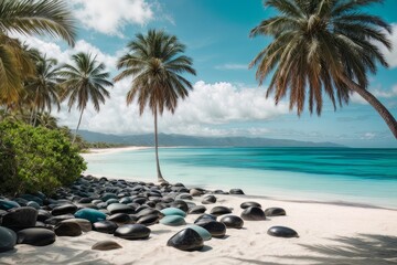 Fototapeta premium Illustration of paradise landscapes with turquoise sea, white sand, and palm trees. Tropical beaches.
