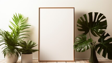 Empty frame situated between two tall indoor plants. - obrazy, fototapety, plakaty