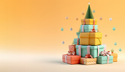 Abstract Christmas tree of gift boxes and balls. Funny Merry christmas and happy new year greeting card with copy space for text.