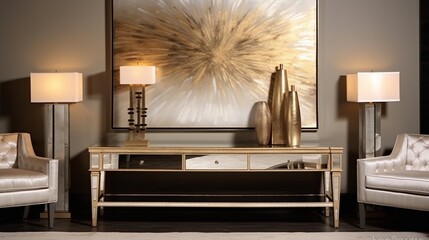 Bring sophistication to your space with a beige and gold console table. Mirrored surfaces add a touch of glamour to the neutral palette.