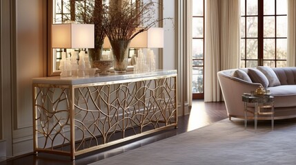 Bring sophistication to your space with a beige and gold console table. Mirrored surfaces add a touch of glamour to the neutral palette.