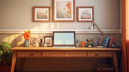 Home office with an empty frame placed strategically above a wooden desk.