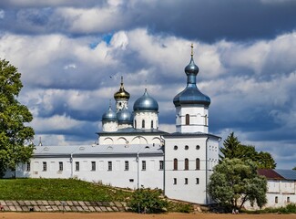 Fototapeta na wymiar Yuriev Monastery in Veliky Novgorod, a male monastery of the Russian Orthodox Church in honor of the Great Martyr George, one of the oldest in Russia
