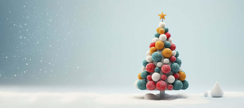 Abstract Christmas tree of wool balls Funny Merry christmas and happy new year greeting card with copy space for text.